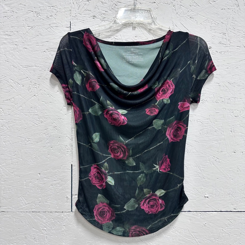 Sweet Lilac S Mesh Top Black Floral Cowl Neck Whimsigoth Dark Romance Y2K Fairy